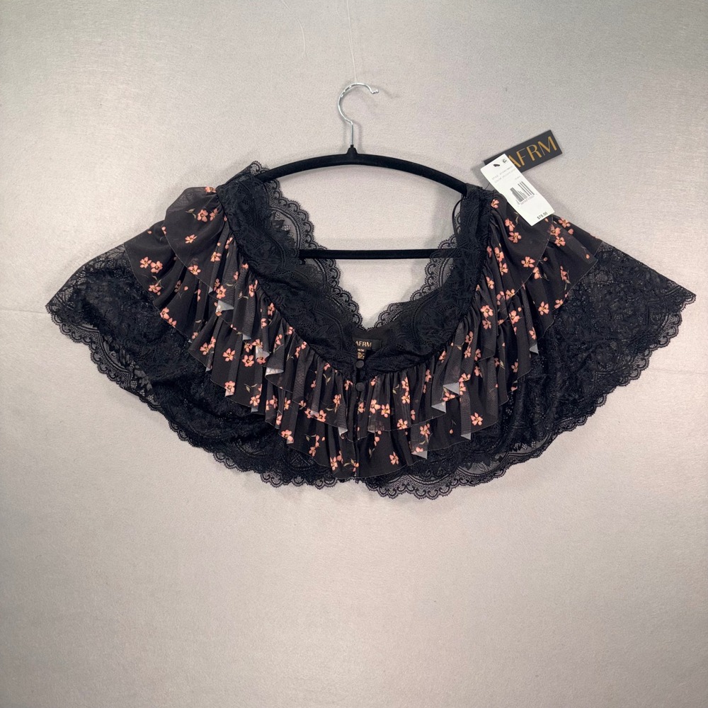 AFRM Gothic Victorian Floral Lace Ruffle Crop Top Front Closure Black Pink M